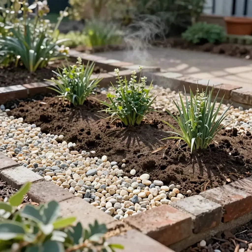 Opened garden border pit with drainage gravel, soil layers, and healthy planted clumps