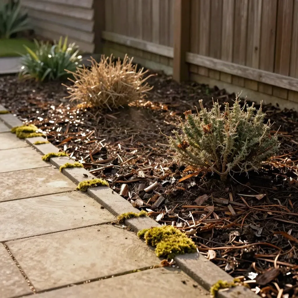 Fresh mulch-ringed shrub bed with compost and bark chips after root-zone treatment in warm garden light