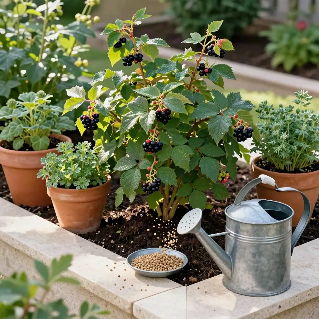 Berry canes, herb pots and feed granules beside a watering can in a thriving border.