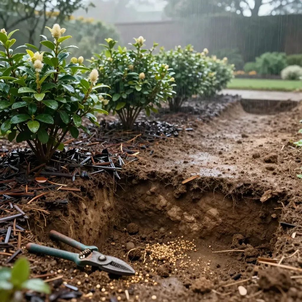 Rain-darkened border, open soil pit, mulch ring and recovering shrubs at dawn.