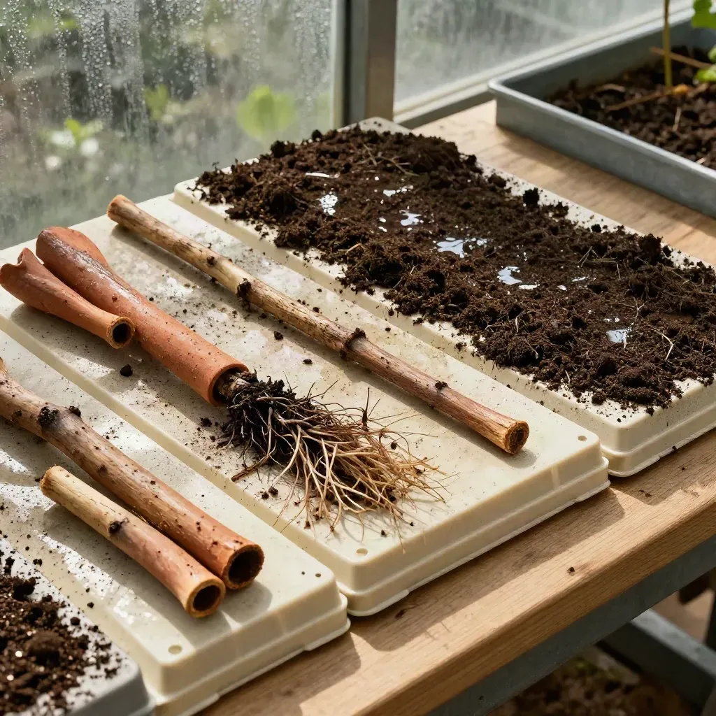 Top-down propagation bench with compost modules, rooty cuttings and terracotta divisions
