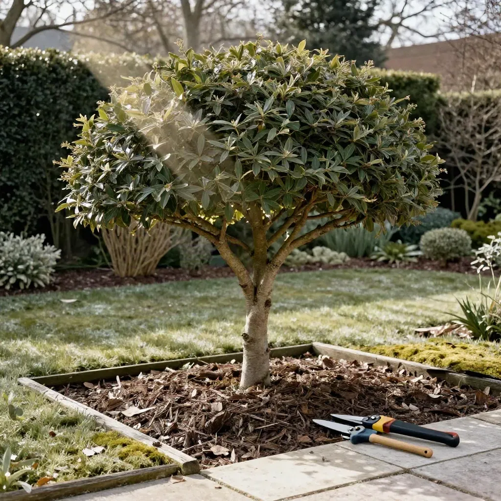 Pruned small tree with thinned shrubs, mulch and loppers in a dramatic garden border.