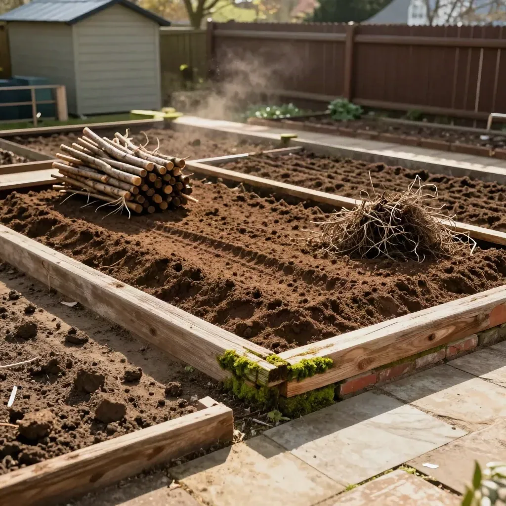 Allotment plot restoration with cleared debris, turned earth, and newly reset beds