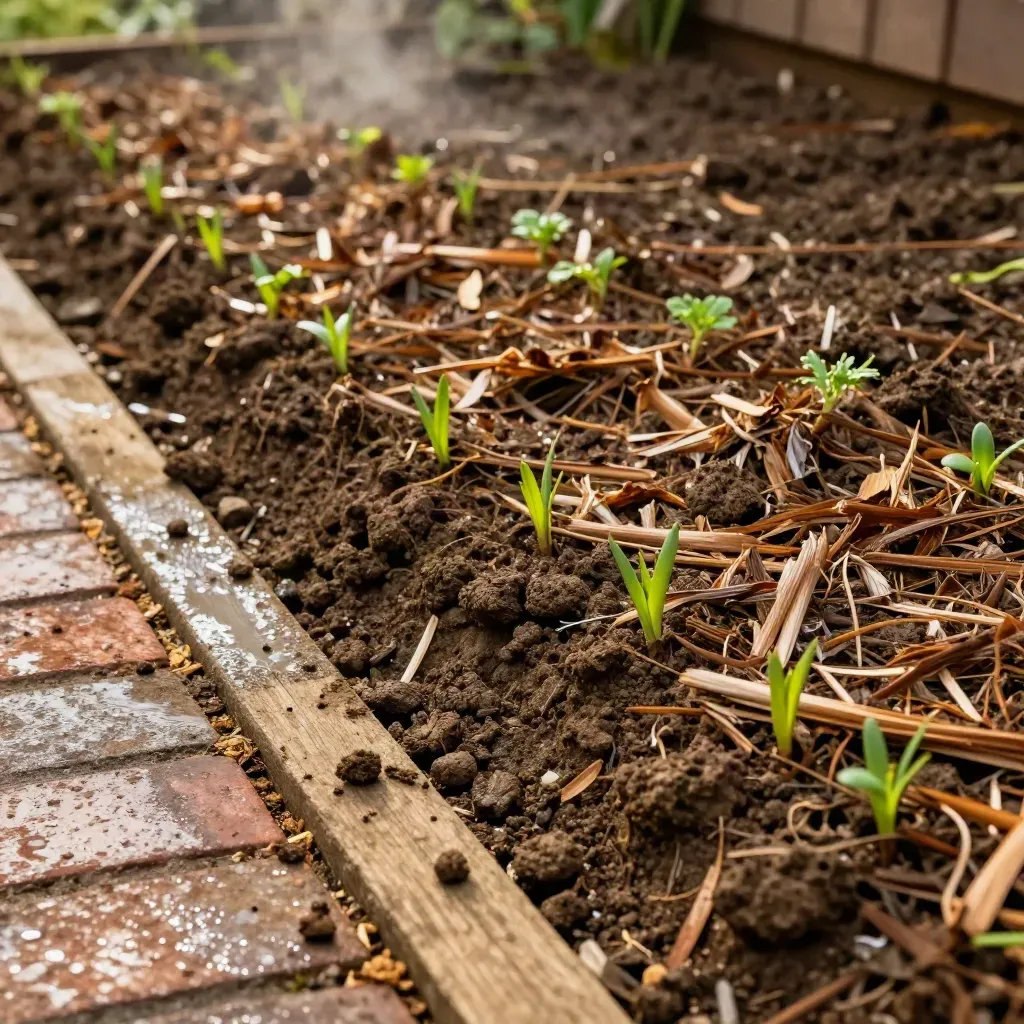 Reworked clay border with bark mulch and fresh shoots glowing after rain