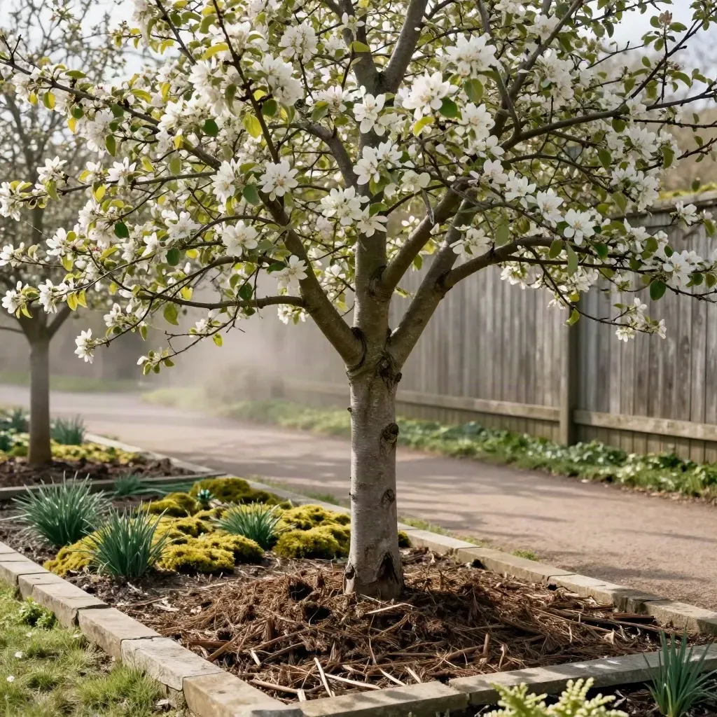 Full spring apple tree with mulch ring and underplanting in soft blossom haze.