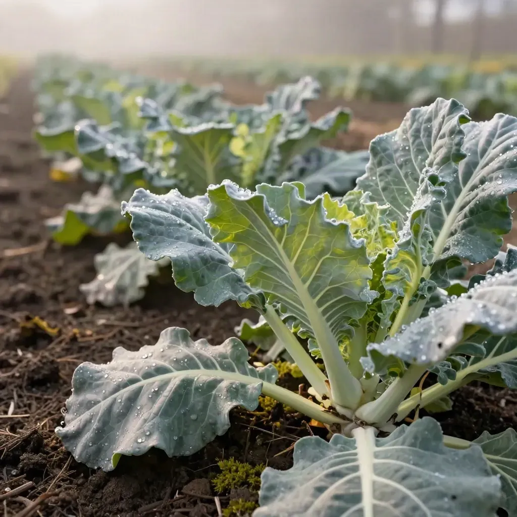 Macro brassica row with dew, compost, and misty dawn light