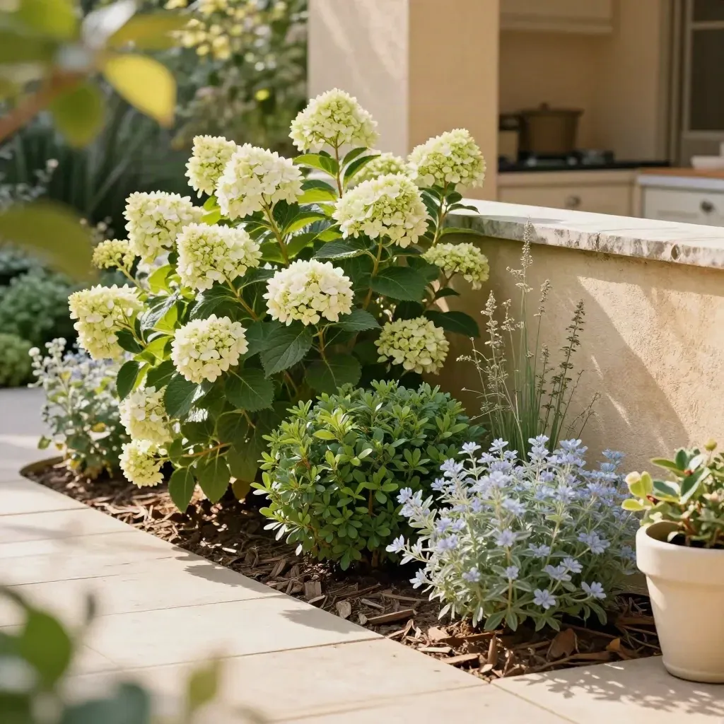 Full late-summer shrub border with mulch and soft garden light, framed by a foreground leaf.