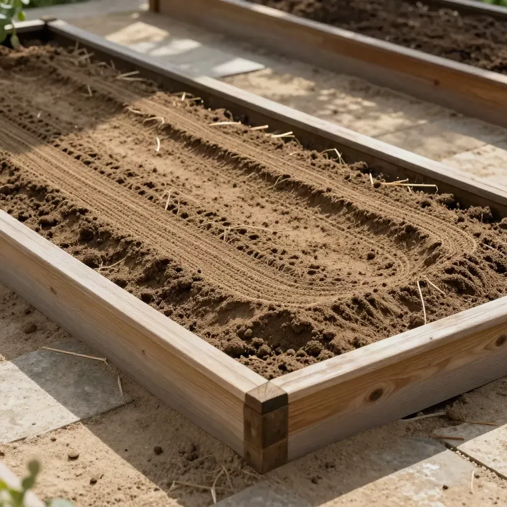 Freshly reset raised beds with raked soil ready for planting, seen diagonally from above.