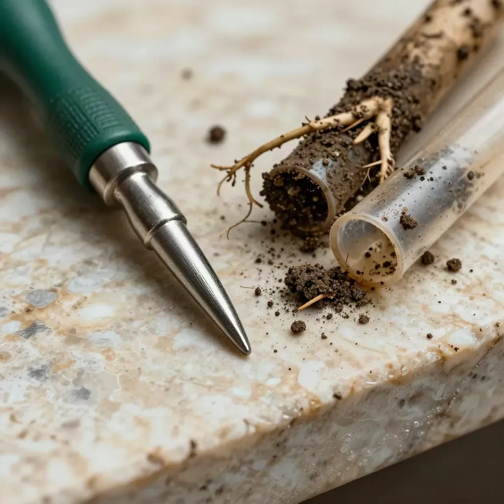 Extreme macro of a root probe, soil corer tip and clay-smeared sample tubes on travertine stone.