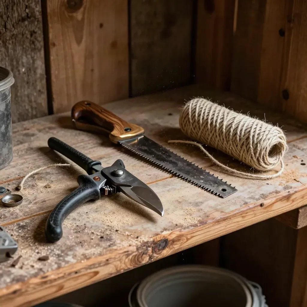 Bypass pruners, folding saw and jute twine on a weathered wood shelf in dramatic light