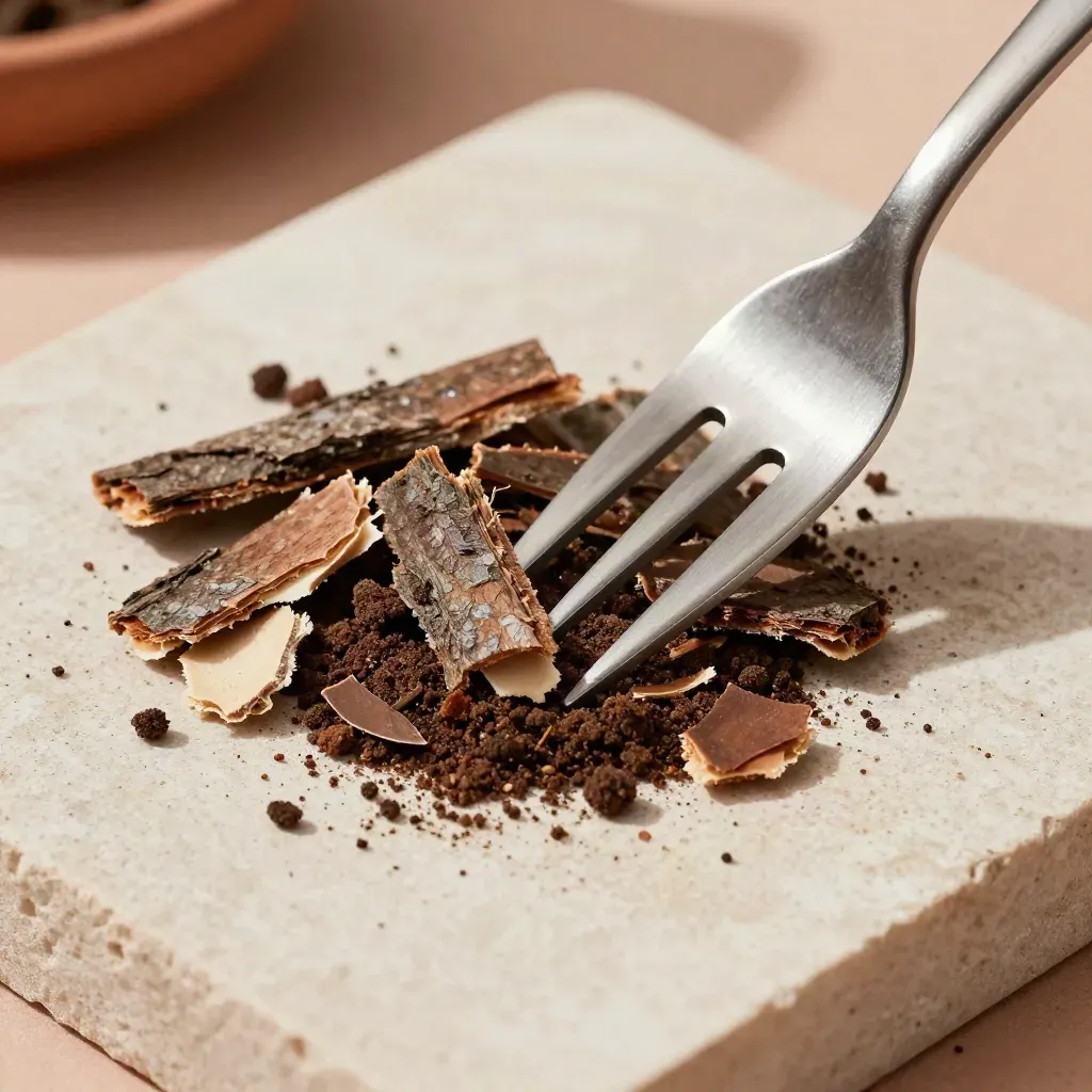 Bark chips, compost crumbs, root fragments and a metal fork tine on cream stone.