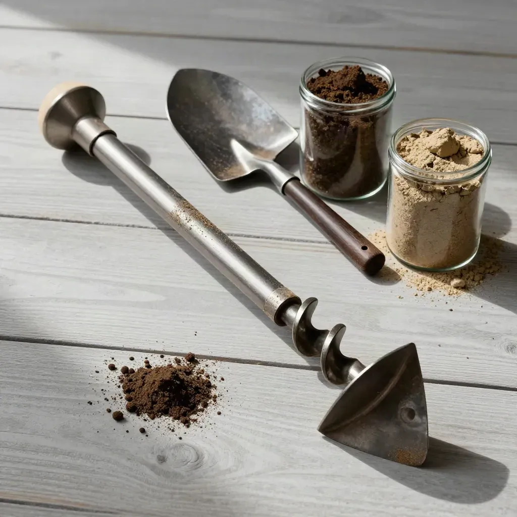 Overhead auger, spade and soil sample jars on pale wood, lit from one side.