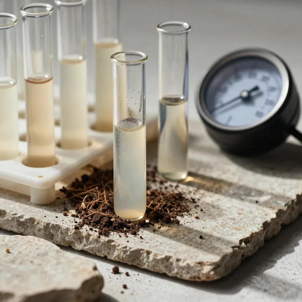 Glass test vials, compost tray, and moisture meter on a stone slab