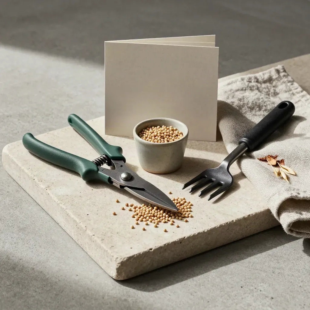 Pruning shears, root feed pellets, bark mulch and a hand fork on a stone tray