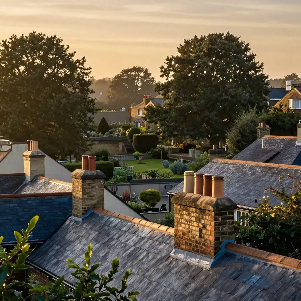 Golden-hour South London rooftops and plane trees above quiet garden haze.