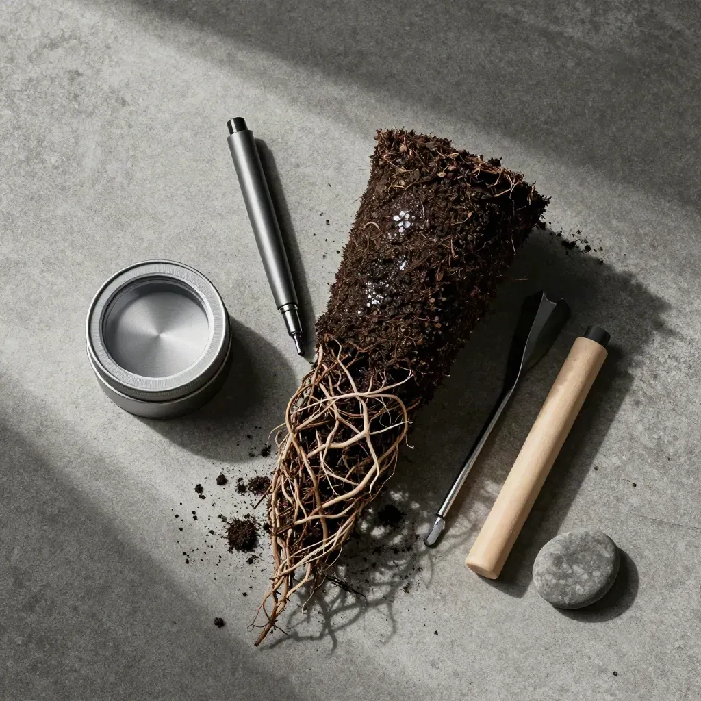 Overhead flatlay of root care tools around a settled root ball on concrete