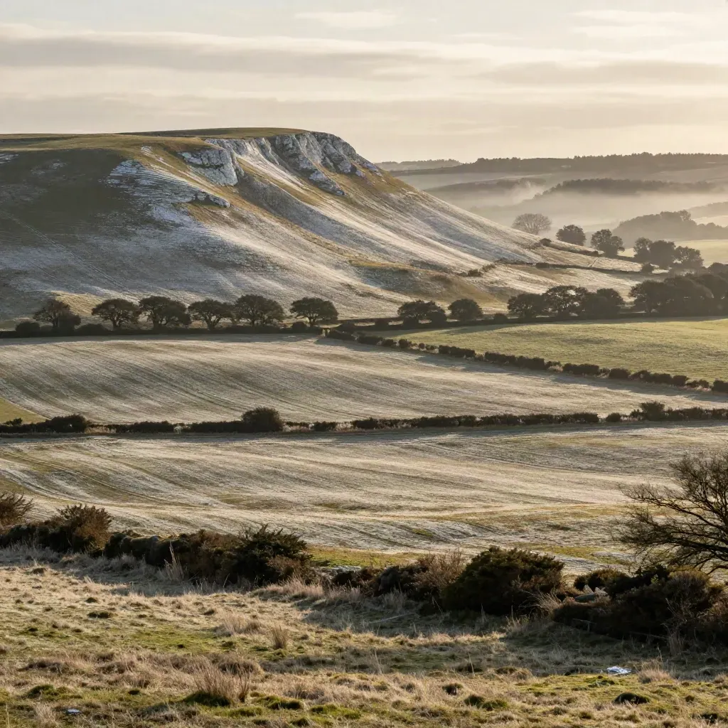 Surrey chalk downland with oak-edged fields and haze at late afternoon