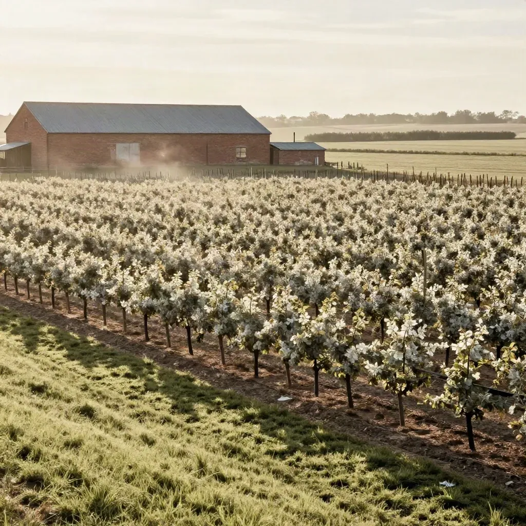 Kent orchard rows and a low brick farm building under hazy light, calm field space for copy.
