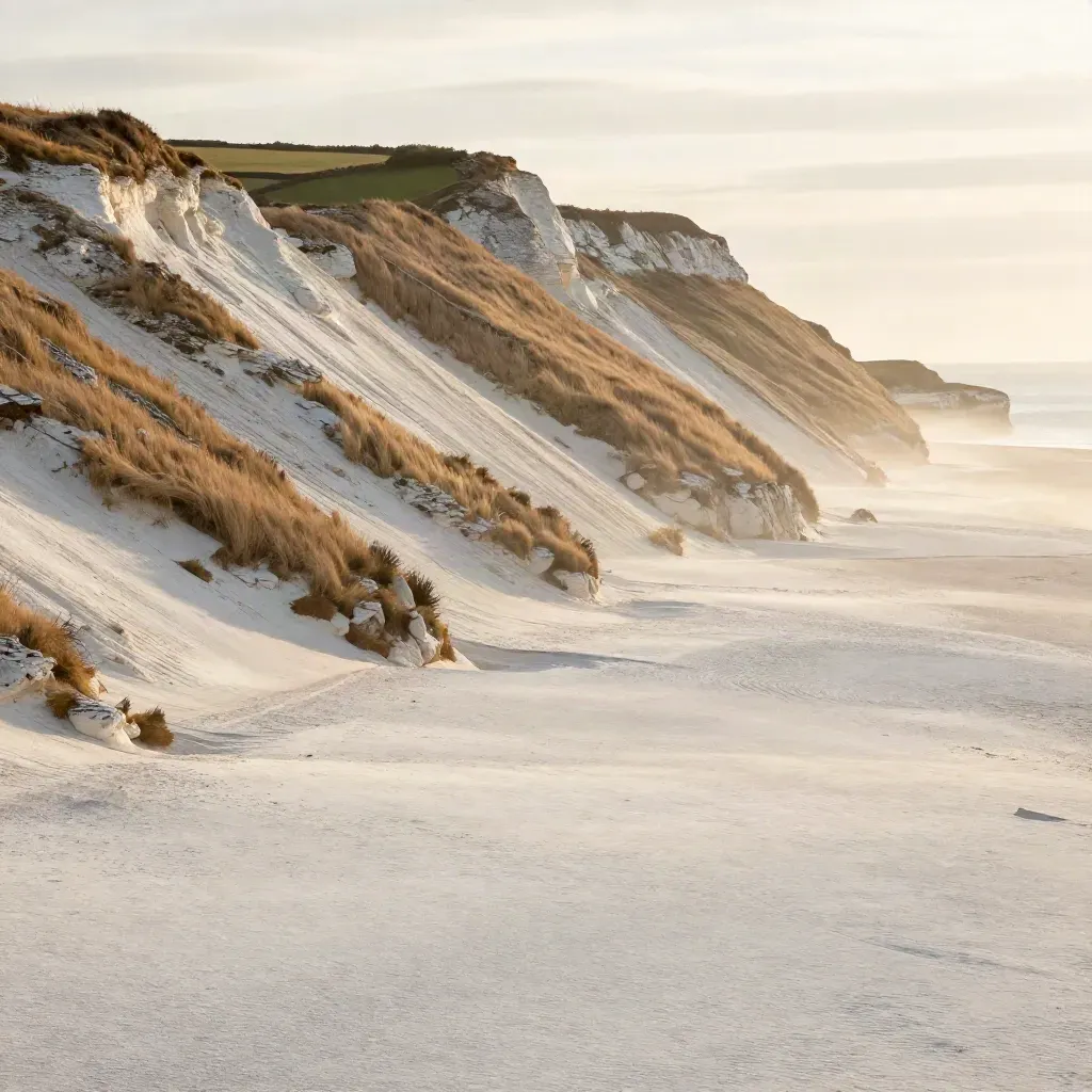 Chalk South Downs above the sea, with cliff line, coastal fields and soft haze